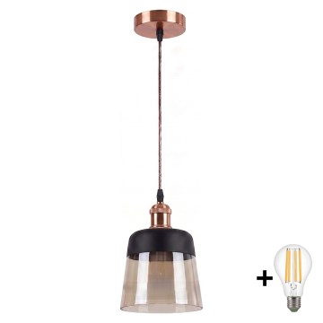 Brilagi - LED Lustr na lanku RETRO GLASS 1xE27/60W/230V pr. 15,5 cm měděná/kouřová béžová/černá
