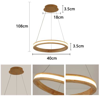 Brilagi - LED Lustr na lanku UMEA WOOD LED/30W/230V pr. 40 cm kaučukovník