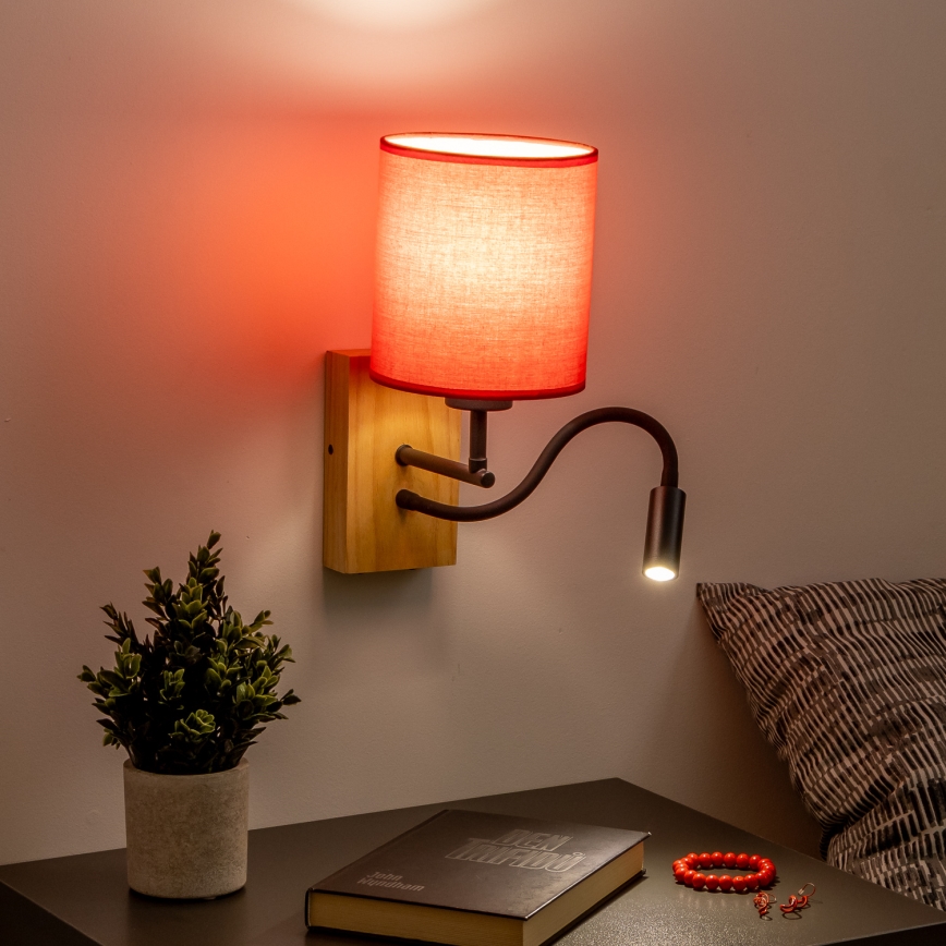 Brilagi - LED Flexibilní nástěnná lampa NUBILA WOOD 1xE27/25W/230V + LED/3W dub/červená