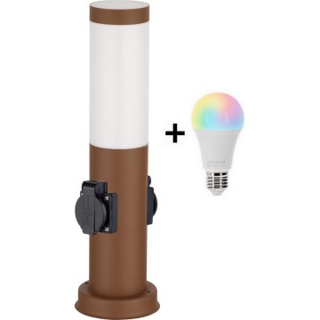 Brilagi - LED RGBW Stmívatelná venkovní lampa se 2 zásuvkami 1xE27/15W/230V 2700-6500K IP44 40 cm hnědá