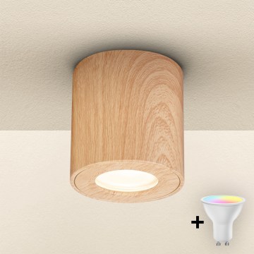 Brilagi - LED RGBW Stmívatelné koupelnové svítidlo MIA 1xGU10/4,8W/230V 3000K 84x80 mm dekor dubu IP44 + dálkové ovládání