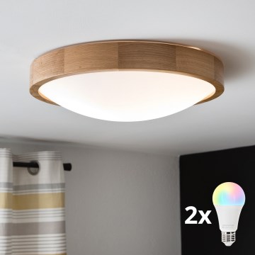 BRILAGI - LED RGBW Stmívatelné stropní svítidlo CARVALHO SLIM 2xE27/12W/230V 2700-6500K dub pr. 37 cm