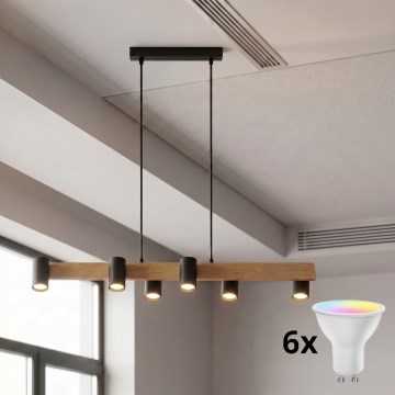 Brilagi - LED RGBW Stmívatelný lustr na lanku SELE 6xGU10/6,5W/230V 2700-6500K černá/dekor dubu + dálkové ovládání