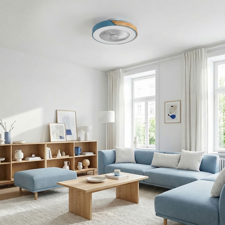 Brilagi - LED Stmívatelné stropní svítidlo s ventilátorem LED/38W/230V 3000-6500K pr. 50 cm modrá/dub + dálkové ovládání
