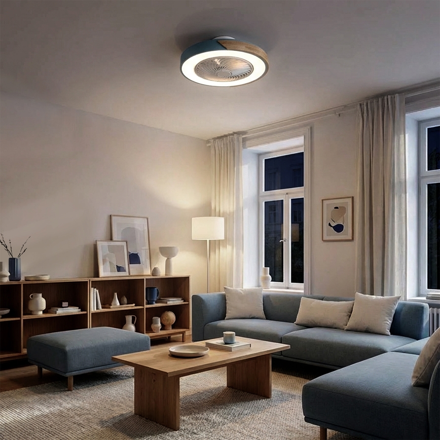 Brilagi - LED Stmívatelné stropní svítidlo s ventilátorem LED/38W/230V 3000-6500K pr. 50 cm modrá/dub + dálkové ovládání