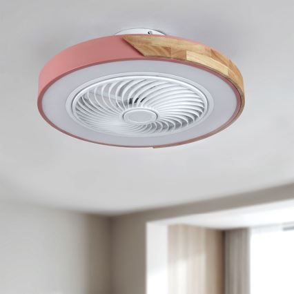 Brilagi - LED Stmívatelné stropní svítidlo s ventilátorem LED/38W/230V 3000-6500K pr. 50 cm růžová/dub + dálkové ovládání