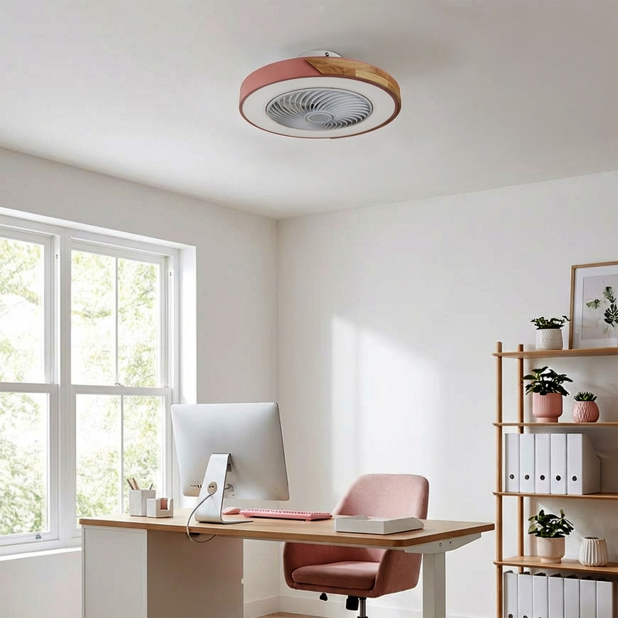 Brilagi - LED Stmívatelné stropní svítidlo s ventilátorem LED/38W/230V 3000-6500K pr. 50 cm růžová/dub + dálkové ovládání