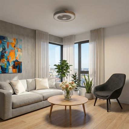 Brilagi - LED Stmívatelné stropní svítidlo s ventilátorem LED/38W/230V 3000-6500K 3000-6500K pr. 50 cm šedá/dub + dálkové ovládání