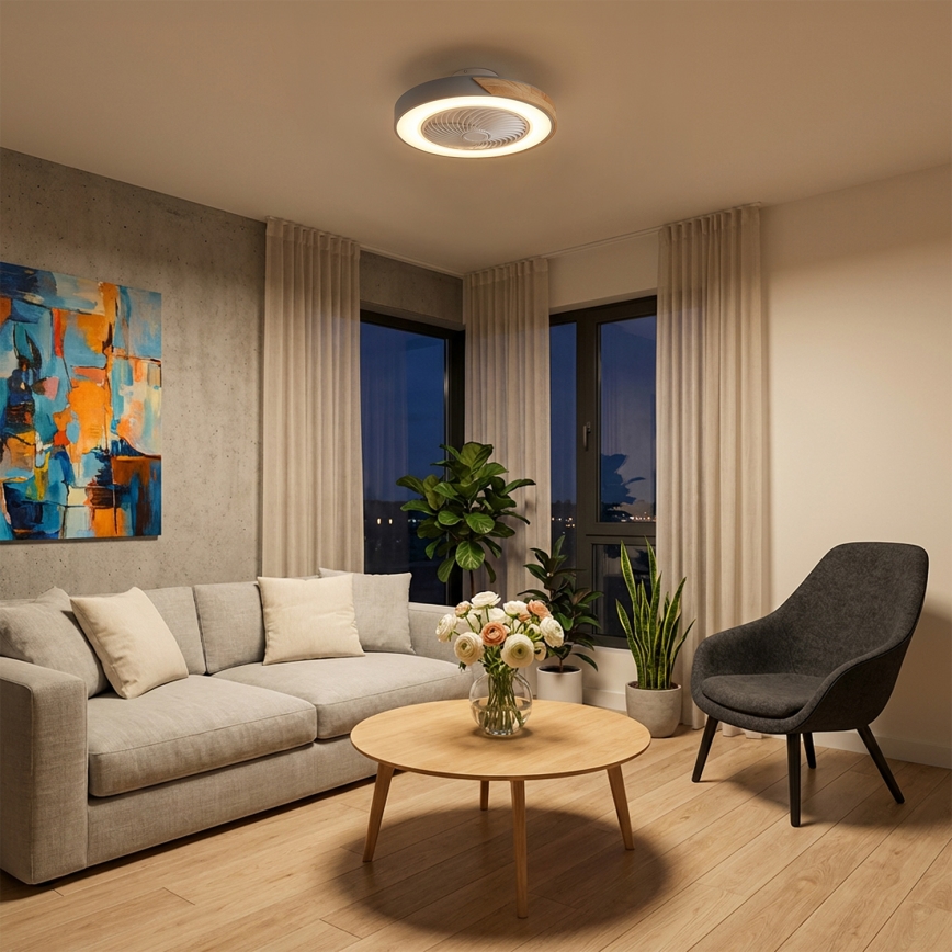 Brilagi - LED Stmívatelné stropní svítidlo s ventilátorem LED/38W/230V 3000-6500K 3000-6500K pr. 50 cm šedá/dub + dálkové ovládání