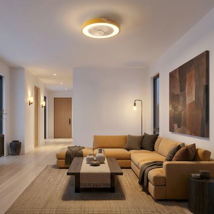 Brilagi - LED Stmívatelné stropní svítidlo s ventilátorem LED/38W/230V 3000-6500K pr. 50 cm zlatá/dub + dálkové ovládání