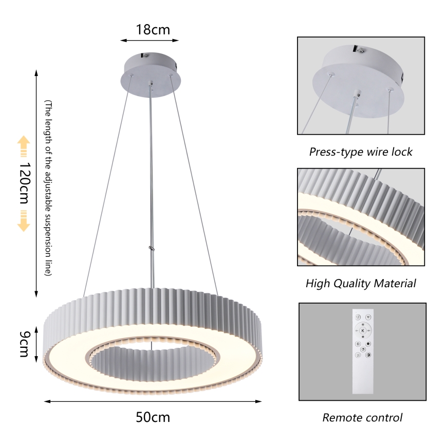 Brilagi - LED Stmívatelný lustr na lanku LUMIX LED/48W/230V 3000-6000K bílá pr. 50 cm + dálkové ovládání