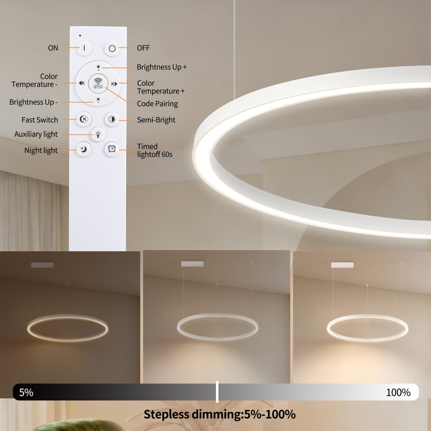Brilagi - LED Stmívatelný lustr na lanku PORTOFINO LED/60W/230V 3000-6000K pr. 80 cm bílá + dálkové ovládání