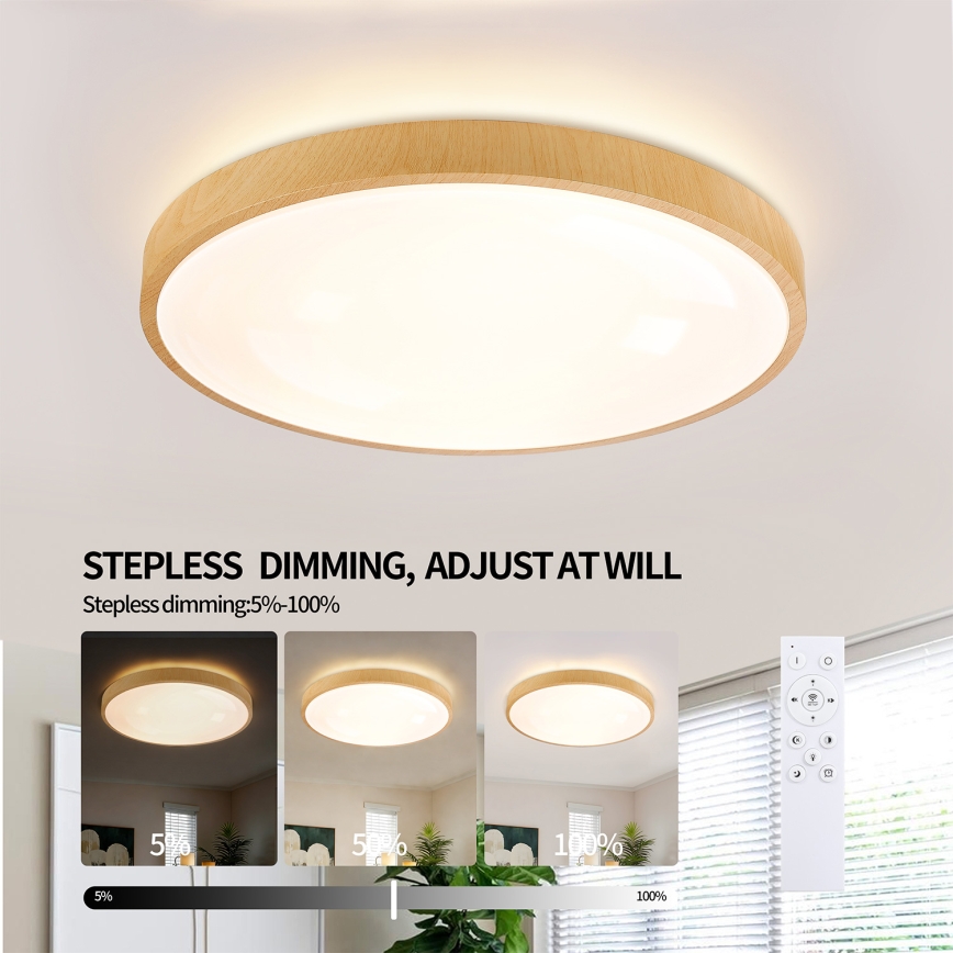 Brilagi - LED Stmívatelné stropní svítidlo GLASS POOL DOUBLE LED/60W/230V 3000-6000K 50 cm dekor dřeva + dálkové ovládání
