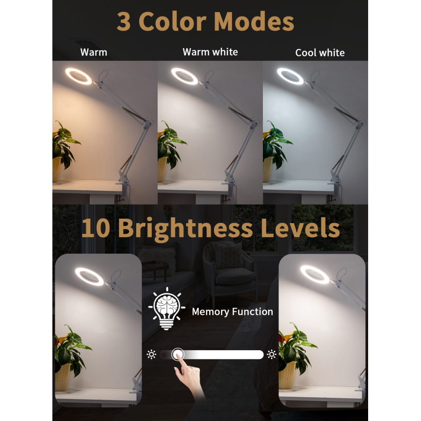 Brilagi - LED Stmívatelná stolní lampa s lupou LENS LED/12W/5V 3000/4200/6000K bílá