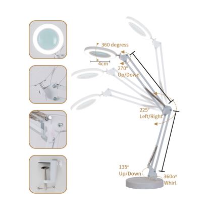 Brilagi - LED Stmívatelná stolní lampa s lupou LENS LED/12W/5V 3000/4200/6000K bílá