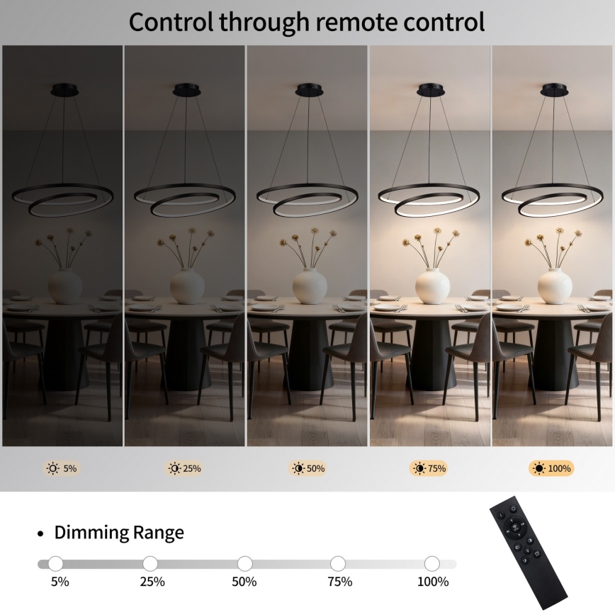 Brilagi - LED Stmívatelný lustr na lanku TWISTER LED/75W/230V 3000-6000K pr. 70 cm černá + dálkové ovládání