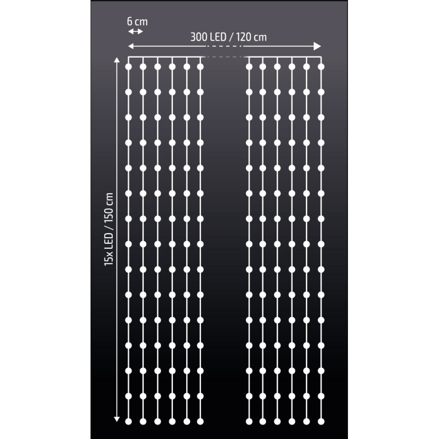 Brilagi - LED Vánoční závěs 300xLED/8 funkcí/3xAA/USB 1,2m studená bílá