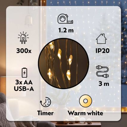 BRILAGI - LED Vánoční závěs 300xLED/8 funkcí/3xAA/USB 1,2m teplá bílá