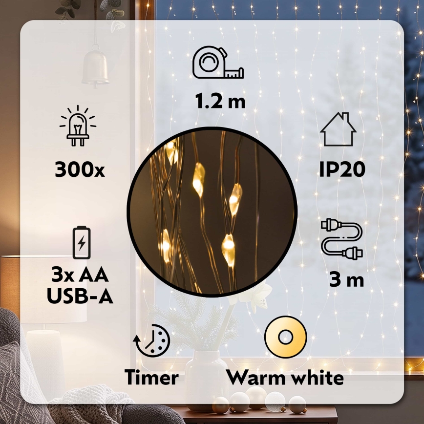BRILAGI - LED Vánoční závěs 300xLED/8 funkcí/3xAA/USB 1,2m teplá bílá