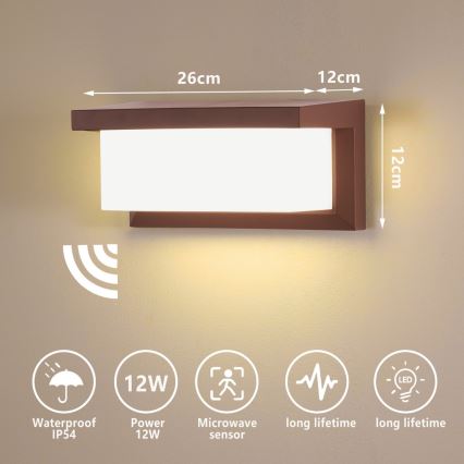 Brilagi - LED Venkovní nástěnné svítidlo se senzorem BRICKY LED/12W/230V hnědá IP54