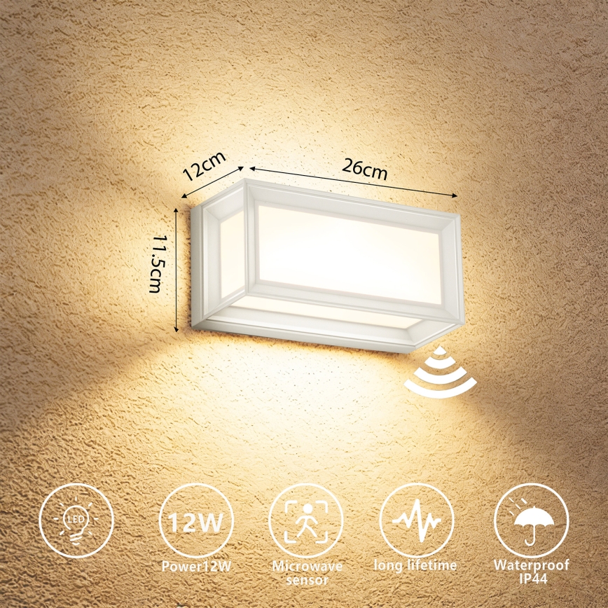 Brilagi - LED Venkovní nástěnné svítidlo se senzorem PARKER LED/12W/230V bílá IP44