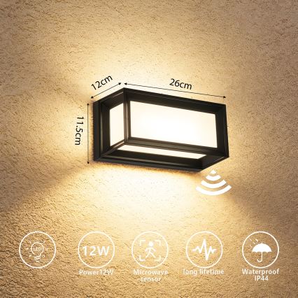 Brilagi - LED Venkovní nástěnné svítidlo se senzorem PARKER LED/12W/230V černá IP44