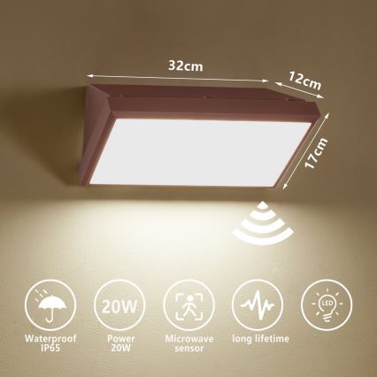 Brilagi - LED Venkovní nástěnné svítidlo se senzorem TRIANGLE LED/20W/230V hnědá IP65