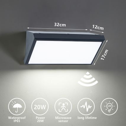 Brilagi - LED Venkovní nástěnné svítidlo se senzorem TRIANGLE LED/20W/230V antracit IP65