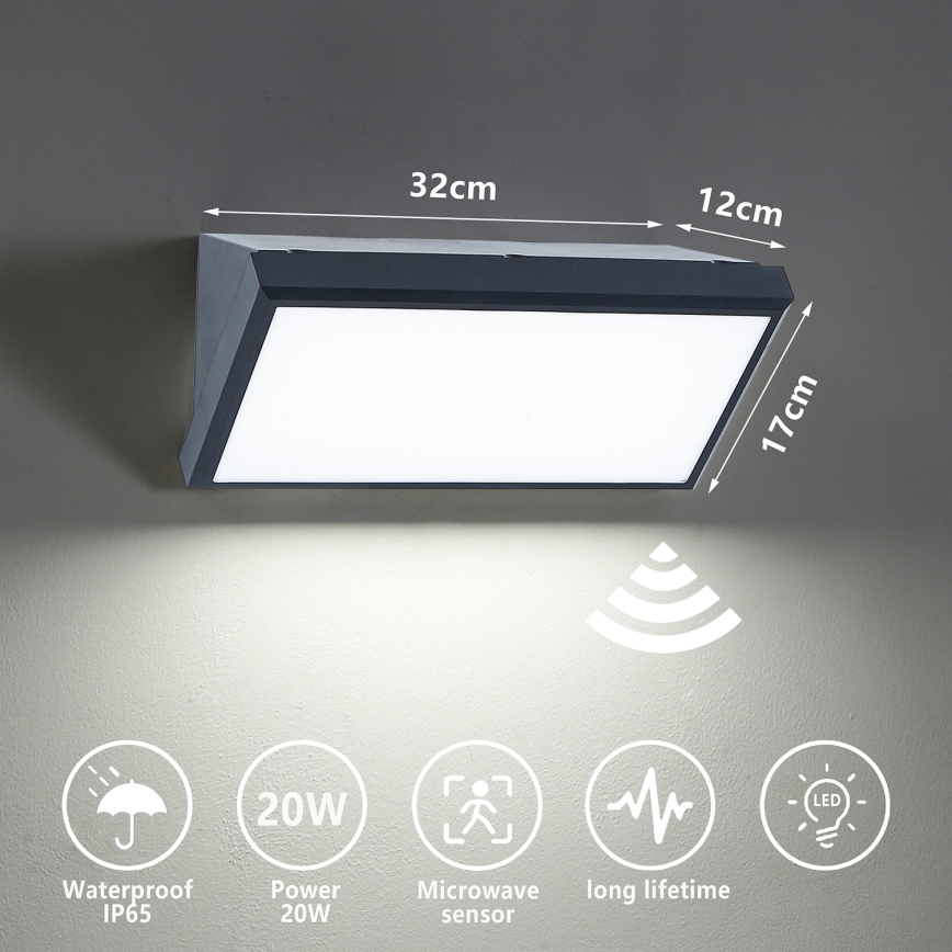 Brilagi - LED Venkovní nástěnné svítidlo se senzorem TRIANGLE LED/20W/230V antracit IP65
