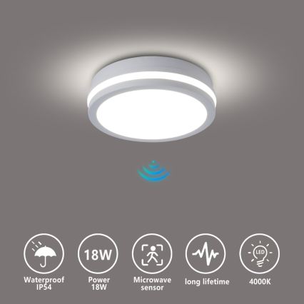 Brilagi - LED Venkovní stropní svítidlo se senzorem BENE LED/18W/230V pr. 21,5 cm bílá IP54