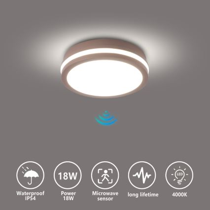 Brilagi - LED Venkovní stropní svítidlo se senzorem BENE LED/18W/230V pr. 21,5 cm hnědá IP54