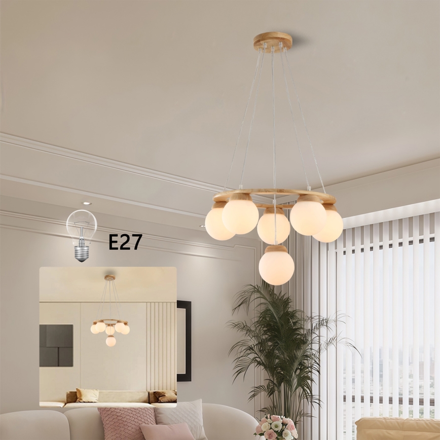 Brilagi - Lustr na lanku VISBY WOOD 6xE27/60W/230V pr. 58 cm kaučukovník