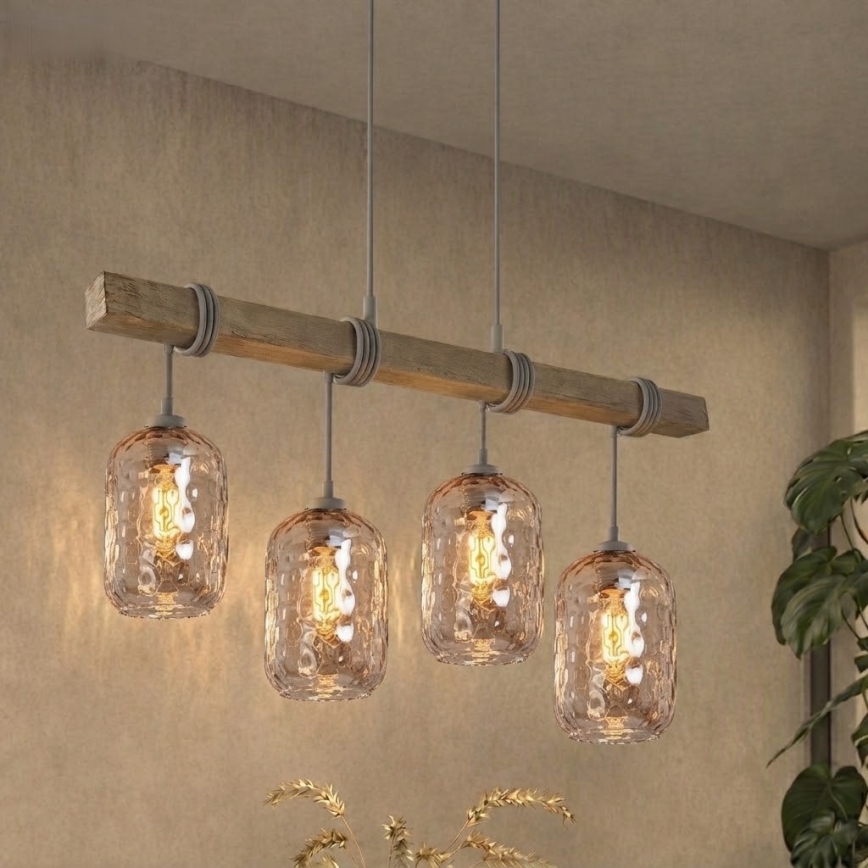 BRILAGI - Lustr na lanku WOOD GLASS 4xE27/60W/230V borovice/šedá/kouřová hnědá