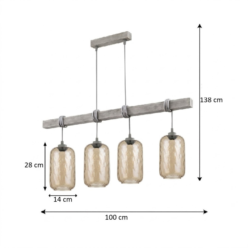 BRILAGI - Lustr na lanku WOOD GLASS 4xE27/60W/230V borovice/šedá/kouřová hnědá