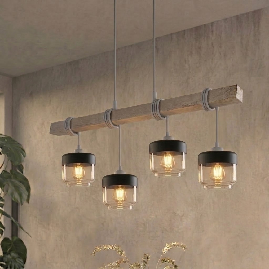 Brilagi - Lustr na lanku WOOD GLASS 4xE27/60W/230V borovice/šedá/kouřová hnědá