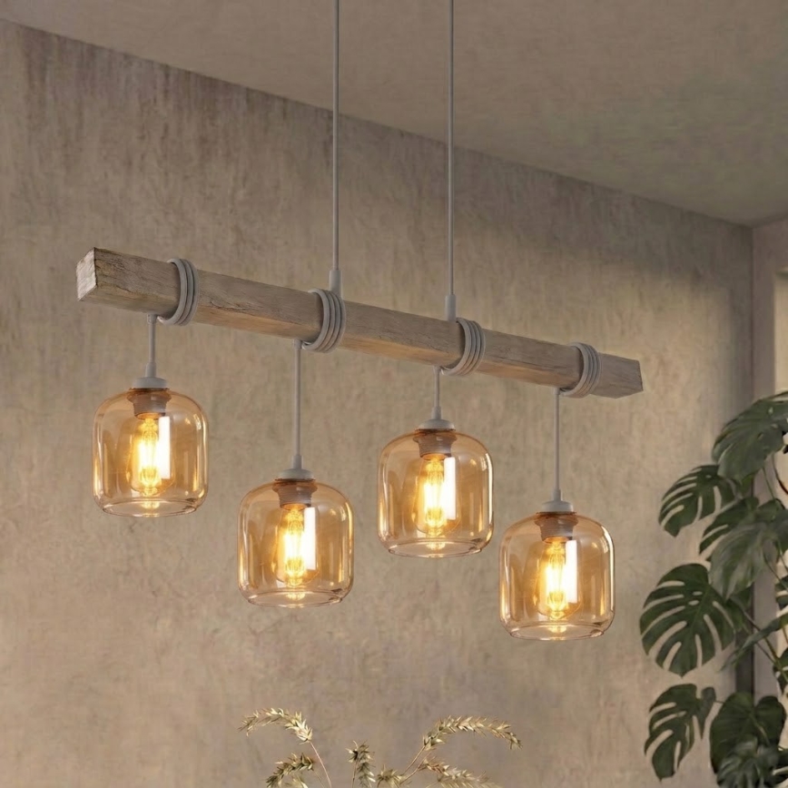 Brilagi - Lustr na lanku WOOD GLASS 4xE27/60W/230V borovice/šedá/kouřová hnědá