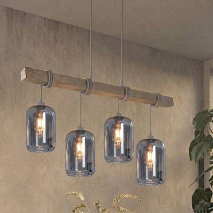 BRILAGI - Lustr na lanku WOOD GLASS 4xE27/60W/230V borovice/šedá/kouřová šedá