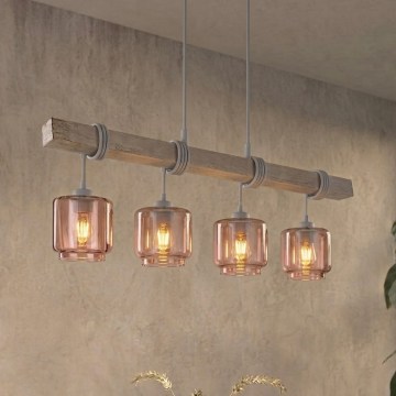 Brilagi - Lustr na lanku WOOD GLASS 4xE27/60W/230V borovice/šedá/kouřová béžová