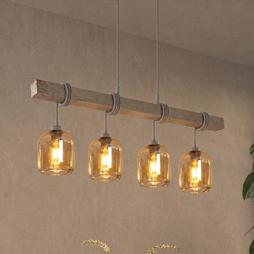 Brilagi - Lustr na lanku WOOD GLASS 4xE27/60W/230V borovice/šedá/kouřová hnědá