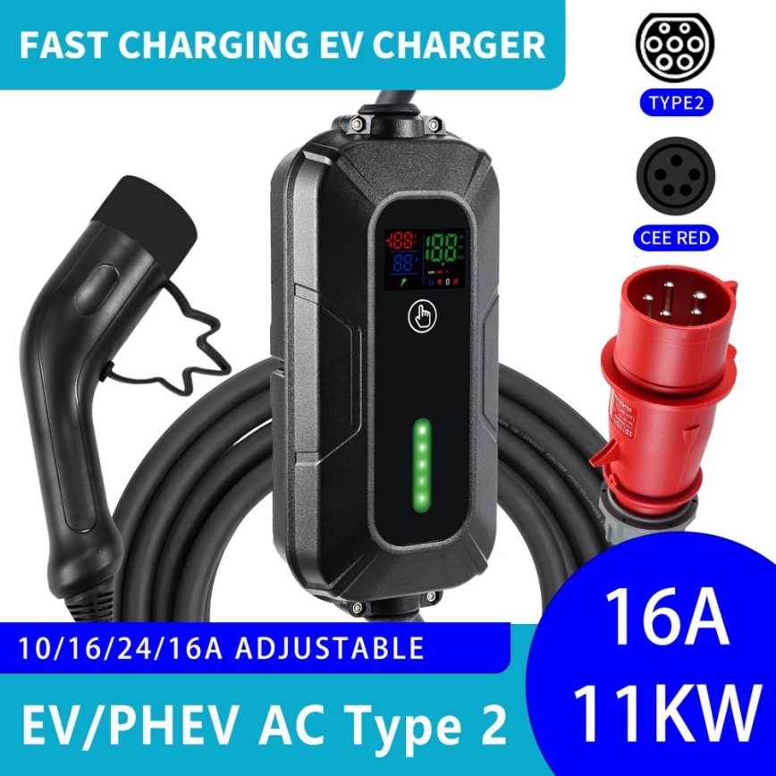 Brilagi - Cestovní nabíjecí stanice EV pro elektromobily FAST AC Type 2 16A/380V 11kW + zástrčka 230V, 3,7kW 5m + pouzdro