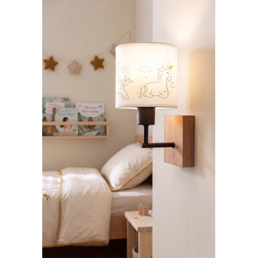 Brilagi - Dětská nástěnná lampa BOBO WOOD 1xE27/25W/230V dub/černá/bílá/jednorožci