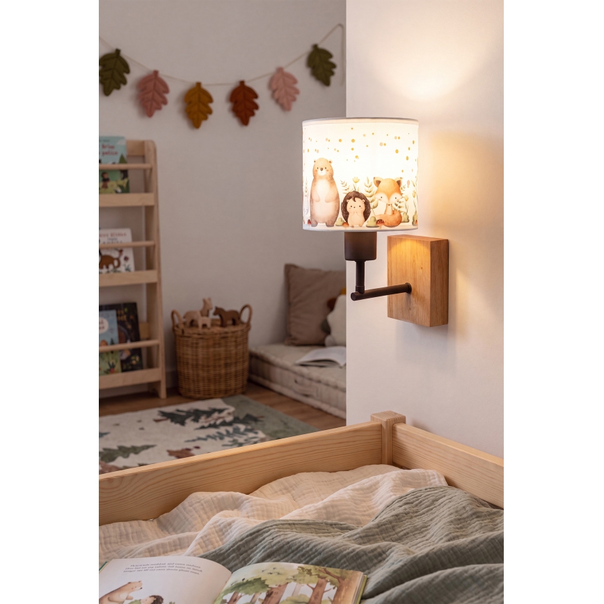 Brilagi - Dětská nástěnná lampa BOBO WOOD 1xE27/25W/230V dub/černá/bílá/zvířátka