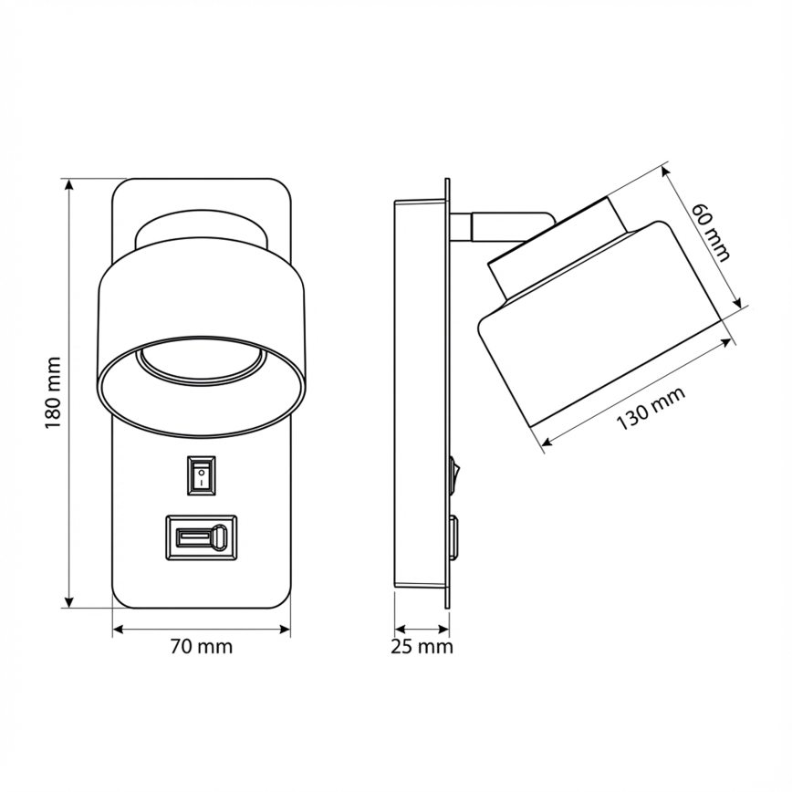 Brilagi - Nástěnná lampa s USB portem AURA LUX 1xGX53/30W/230V černá/kouřová