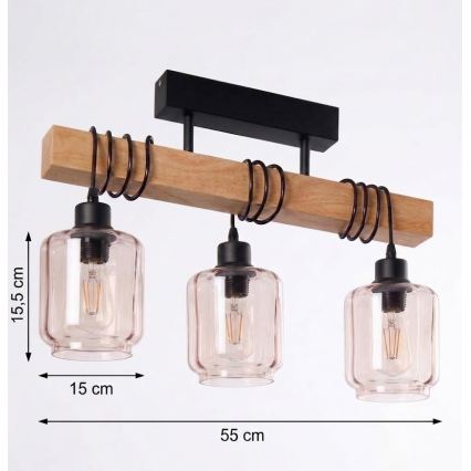 Brilagi - Přisazený lustr WOOD GLASS 3xE27/60W/230V borovice/černá/kouřová béžová