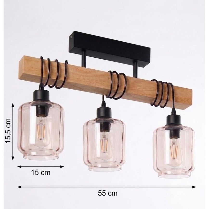 Brilagi - Přisazený lustr WOOD GLASS 3xE27/60W/230V borovice/černá/kouřová béžová