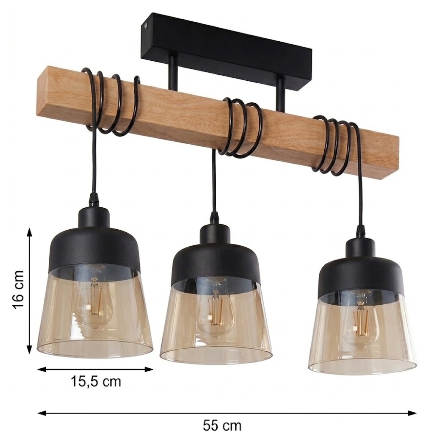 Brilagi - Přisazený lustr WOOD GLASS 3xE27/60W/230V borovice/černá/kouřová hnědá