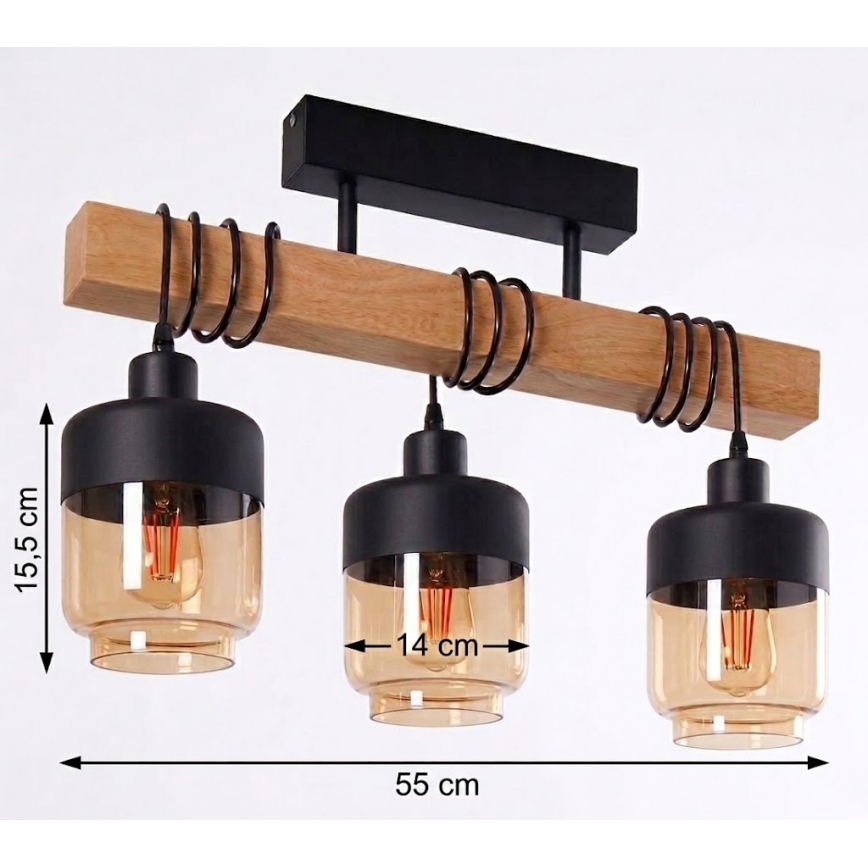 Brilagi - Přisazený lustr WOOD GLASS 3xE27/60W/230V borovice/černá/kouřová hnědá