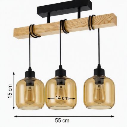 Brilagi - Přisazený lustr WOOD GLASS 3xE27/60W/230V borovice/černá/kouřová hnědá