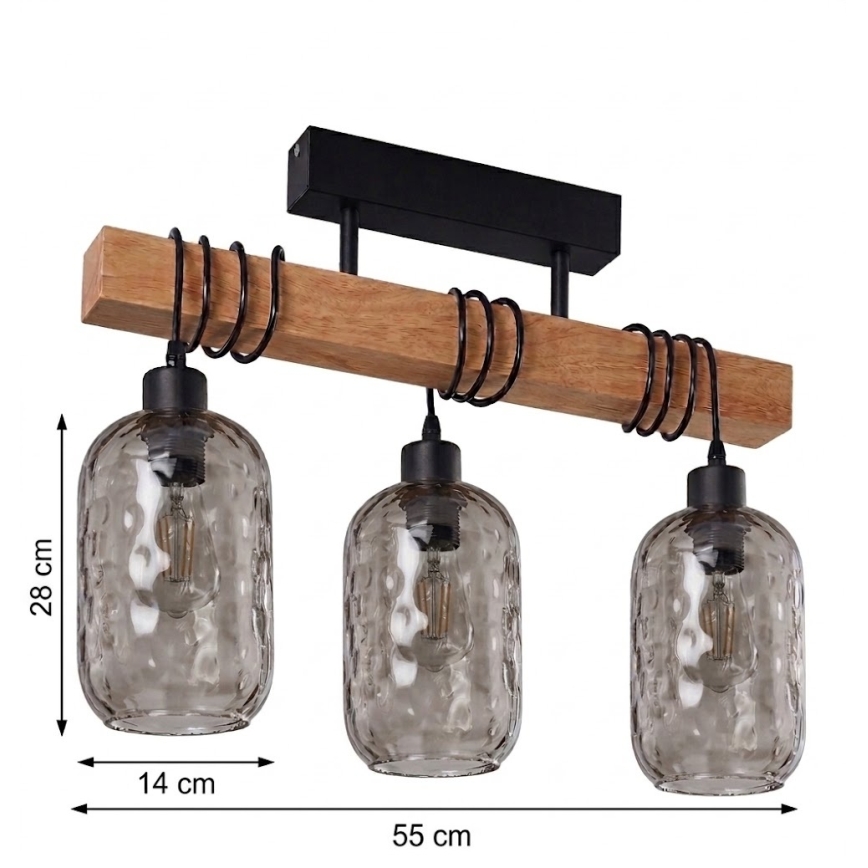 Brilagi - Přisazený lustr WOOD GLASS 3xE27/60W/230V borovice/černá/kouřová šedá