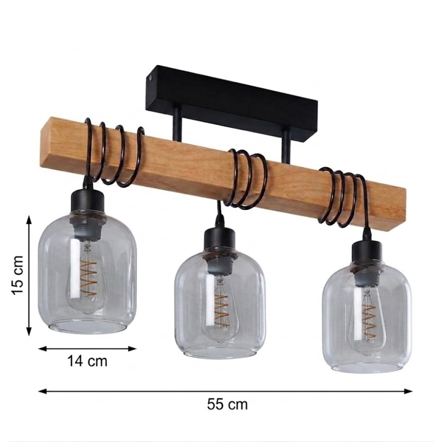 Brilagi - Přisazený lustr WOOD GLASS 3xE27/60W/230V borovice/černá/kouřová šedá